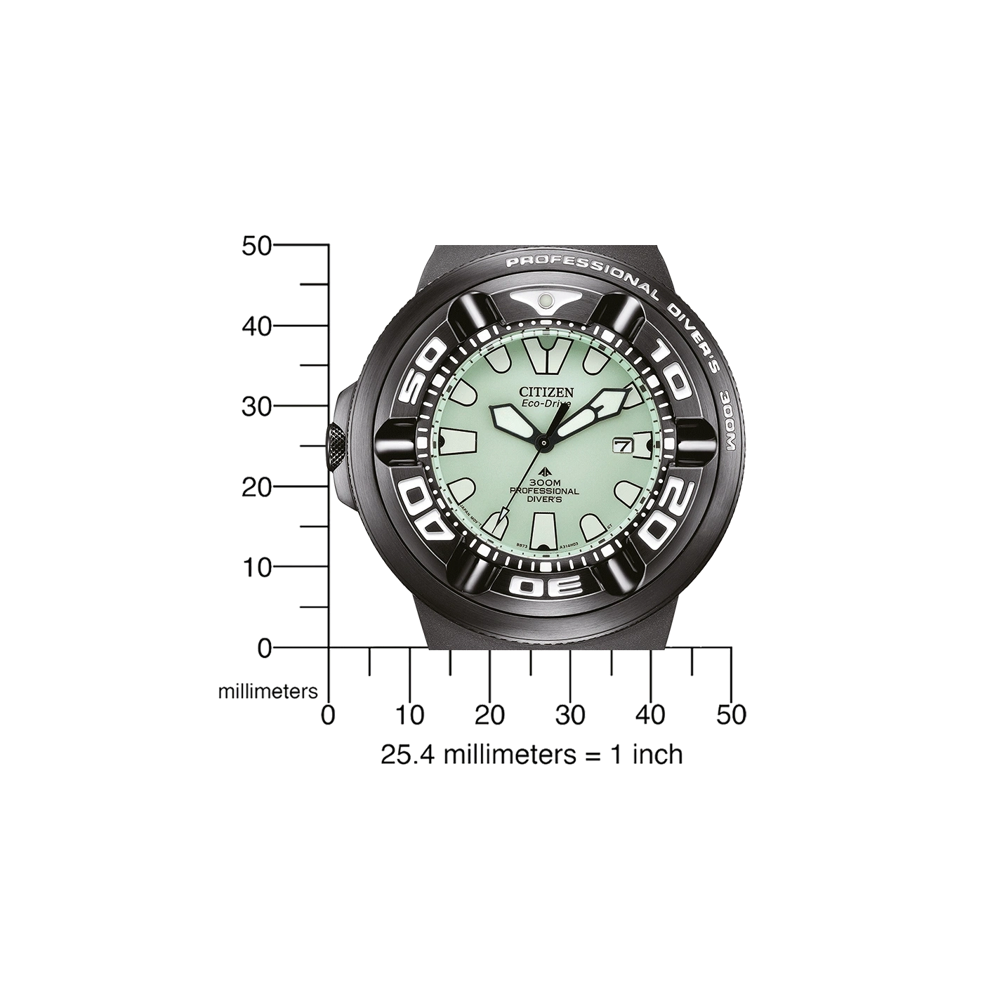 Citizen watch with scale, black and green, professional diver's, 300M, Eco-Drive