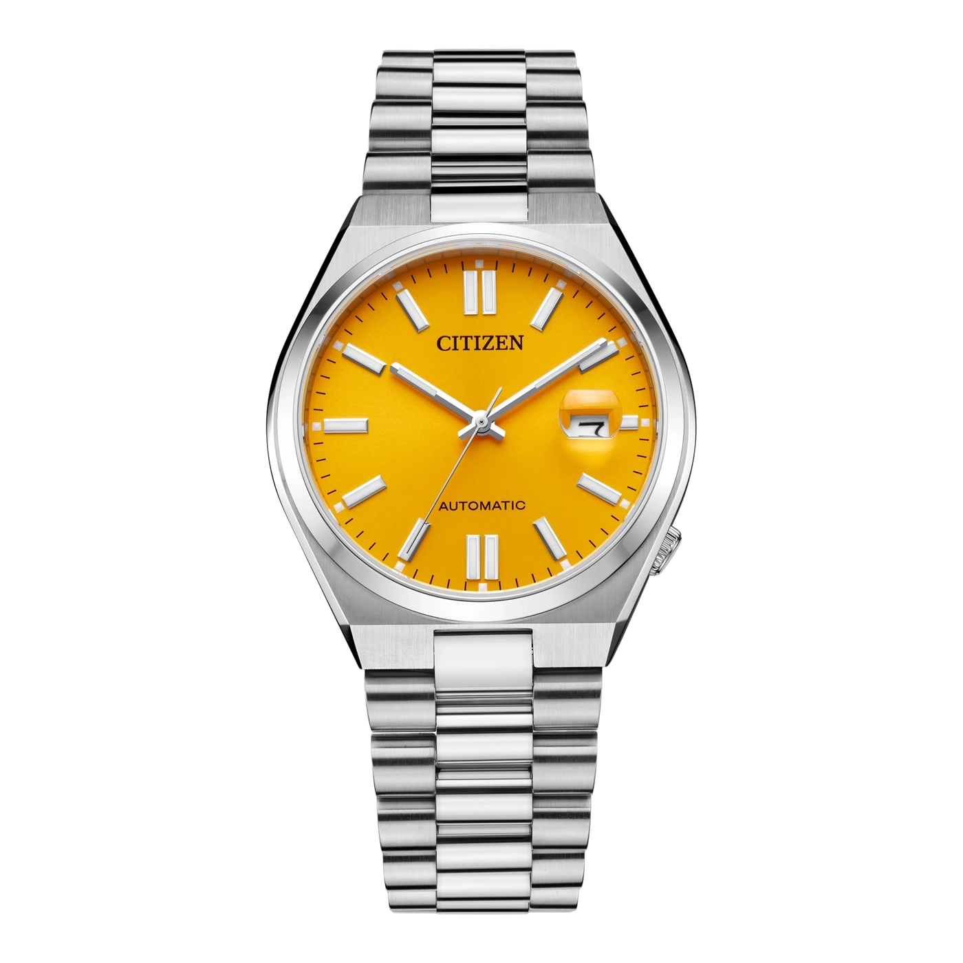Citizen watch with a yellow dial and silver strap, automatic movement.