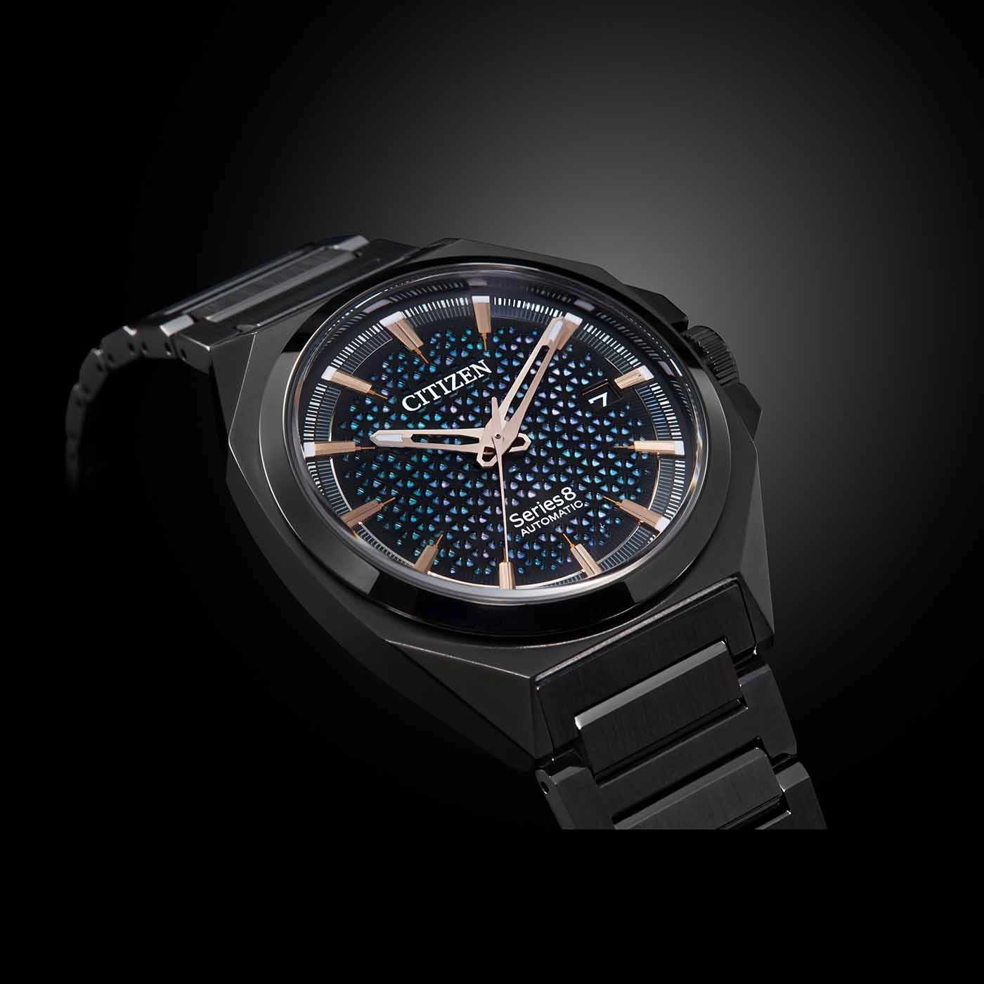 Black Citizen Series 8 automatic watch with a patterned dial and black strap.