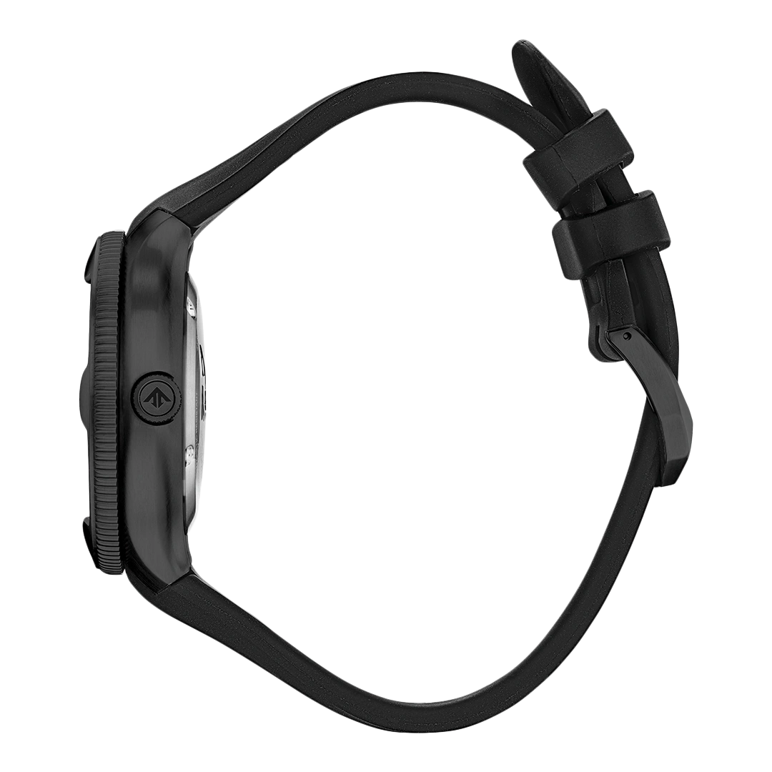 Black watch with black strap, side view, isolated on white background