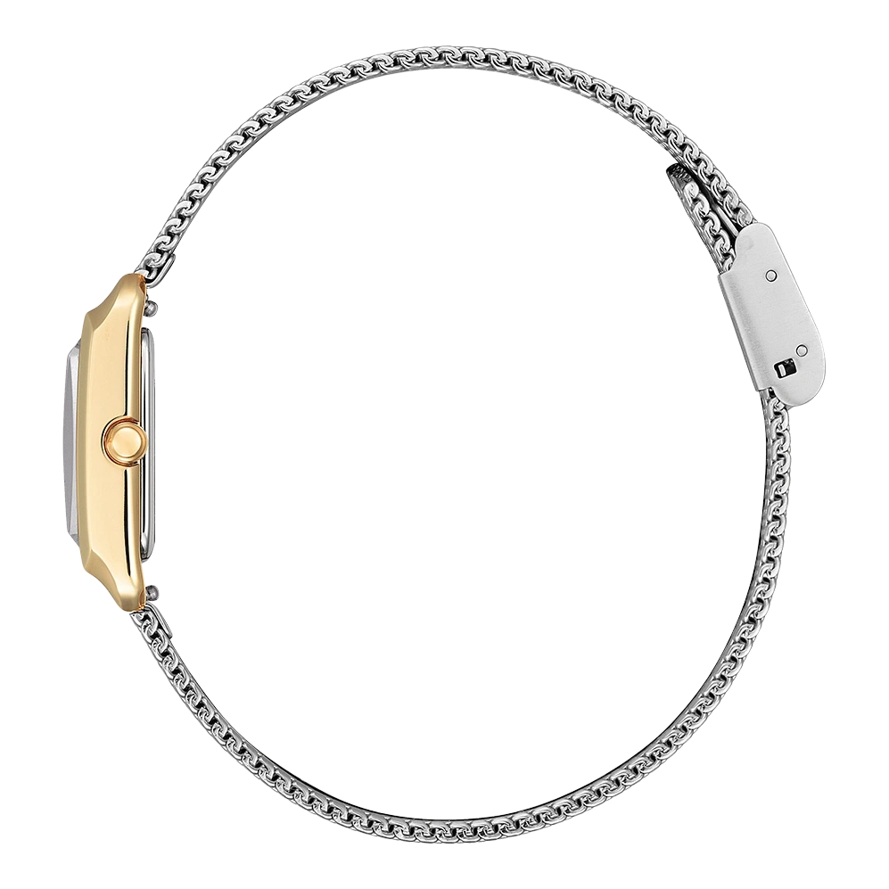 Side view of a gold watch with a silver chain strap, isolated.