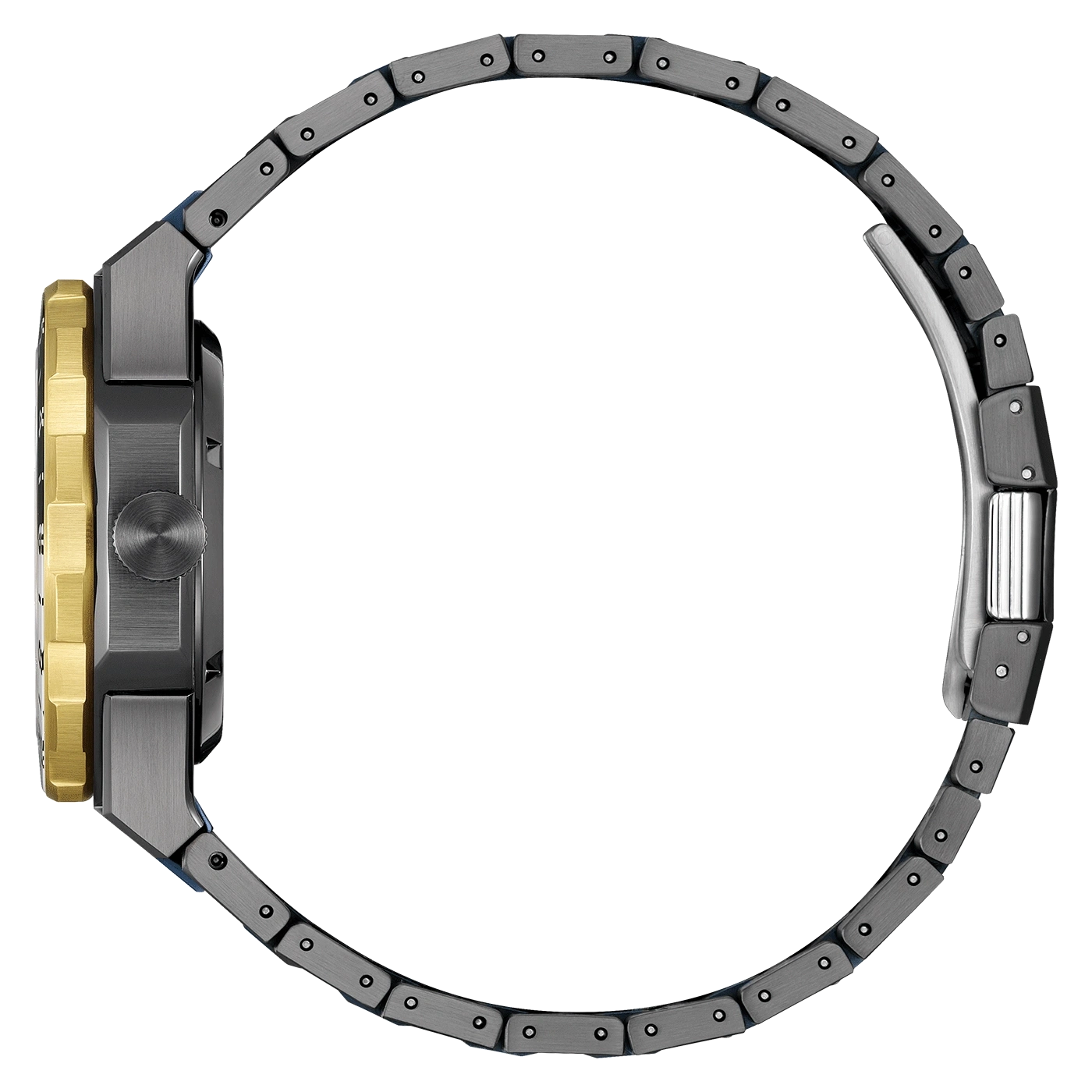 Side view of a modern watch with a metallic strap and gold accents.