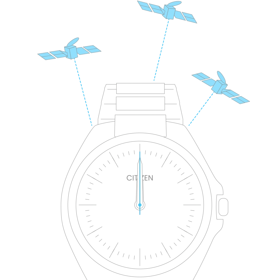 Citizen watch with satellites, time synchronization, black background, illustration