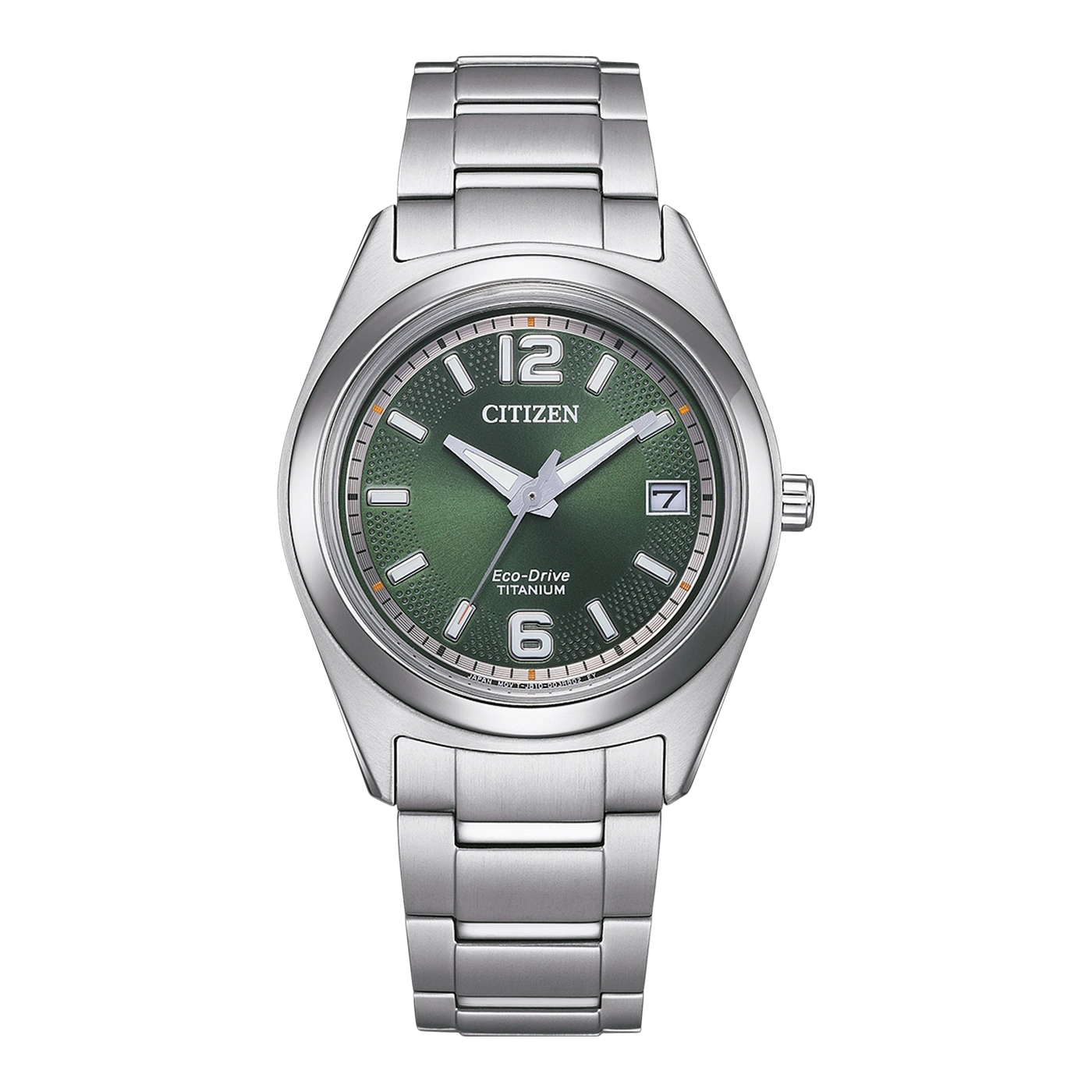 Citizen watch with green face and titanium band, Eco-Drive technology.