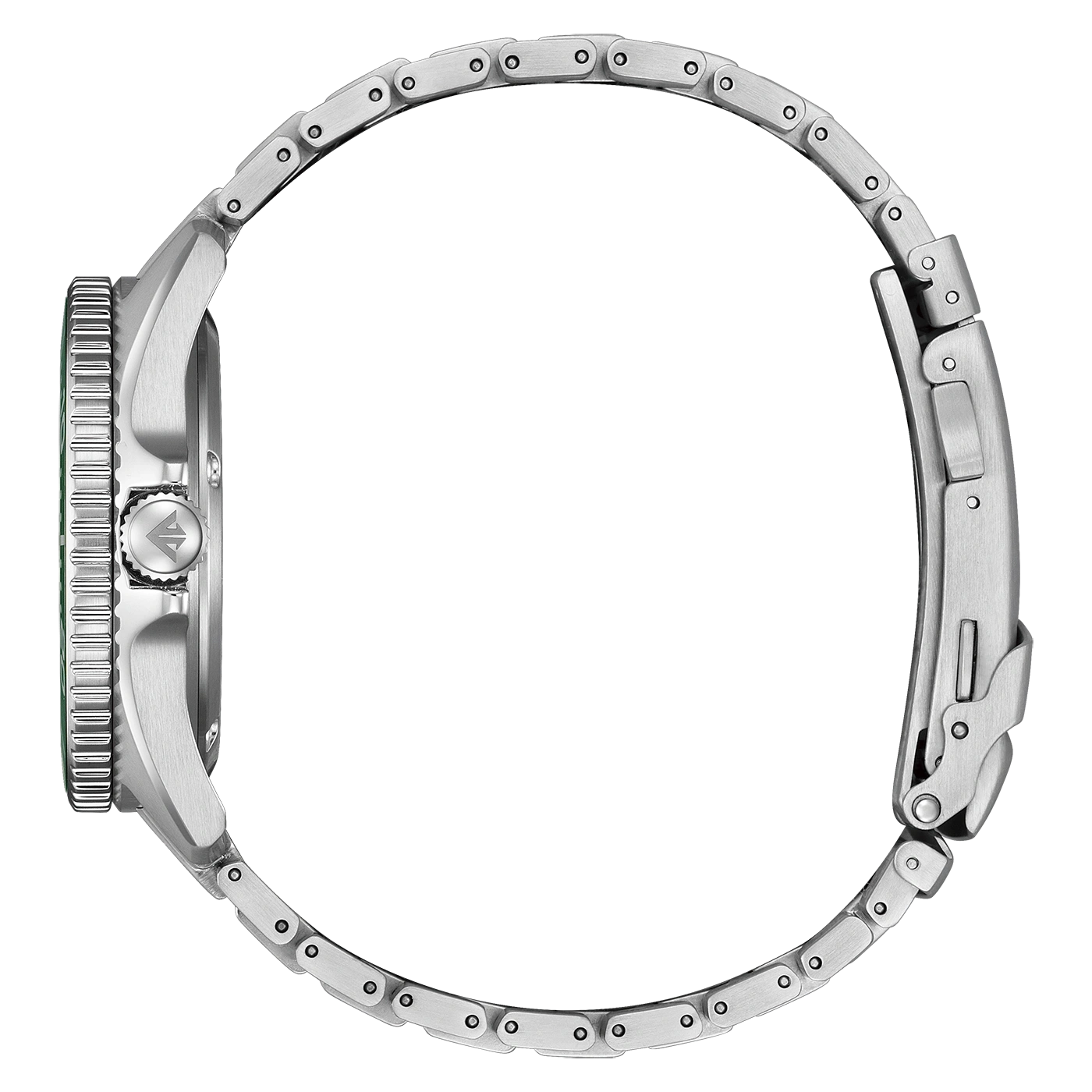 A silver watch bracelet with a clasp is displayed in a circular shape against a white background.