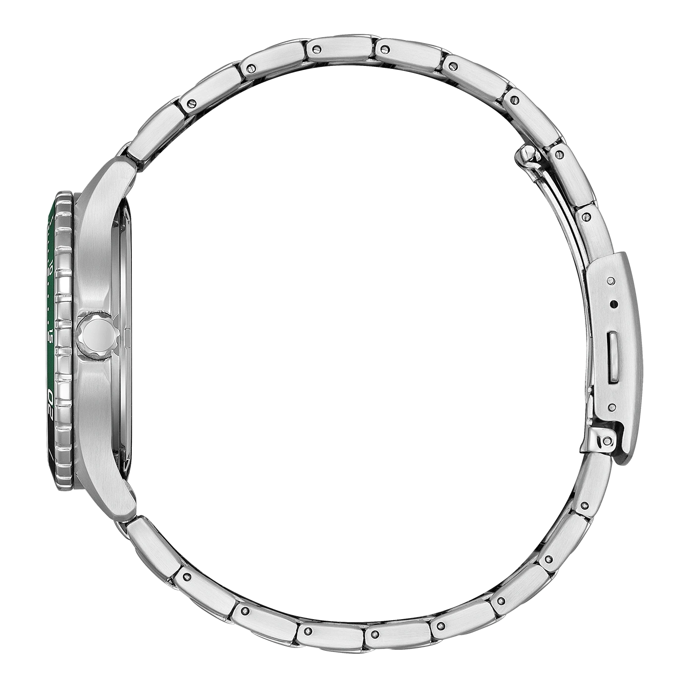 Side view of a silver watch with a green bezel and metal band.
