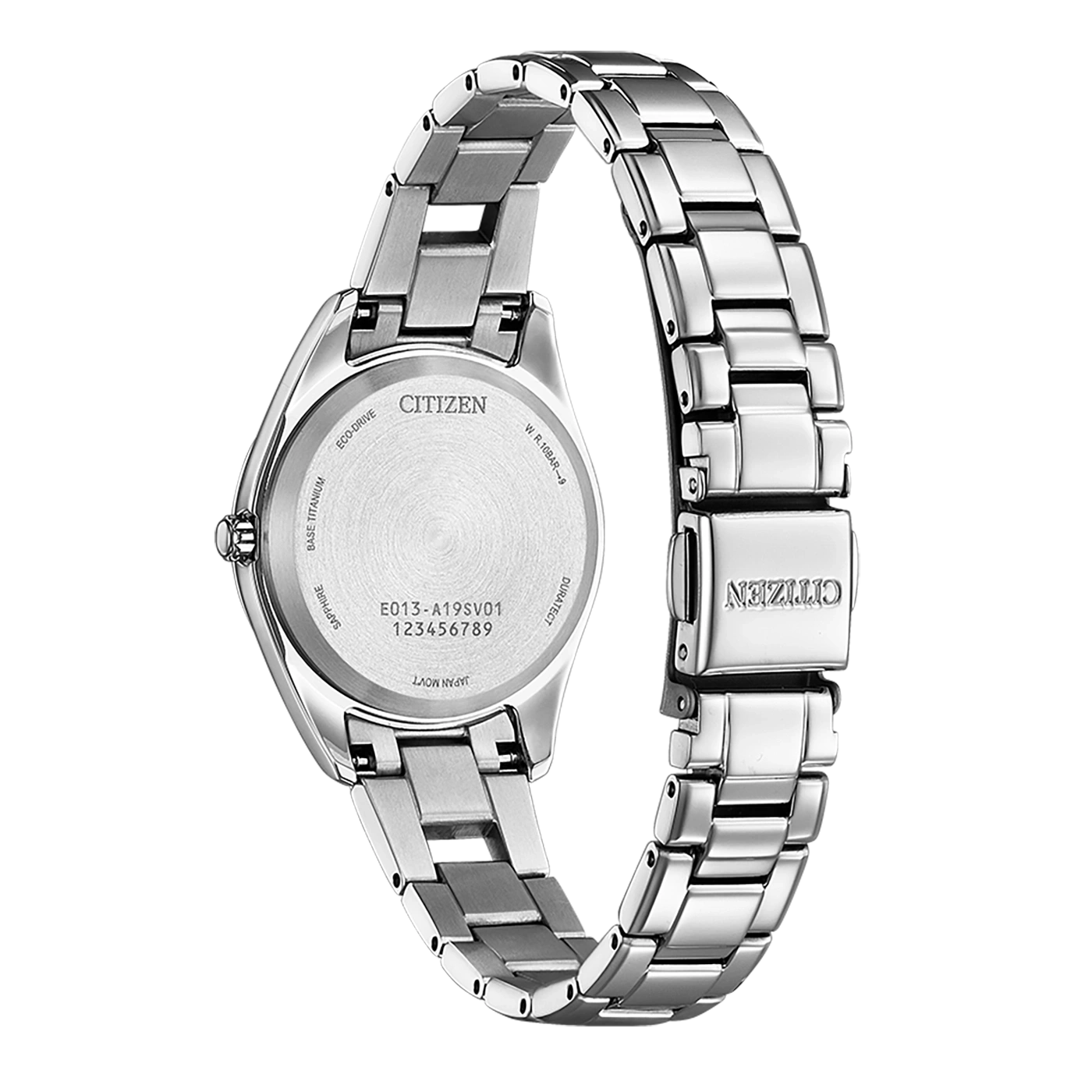 Citizen watch back, Eco-Drive, sapphire, titanium, Japan movement, water resistant