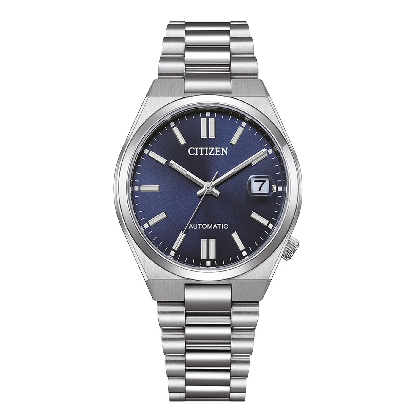 Citizen watch with a blue dial and silver strap, automatic.
