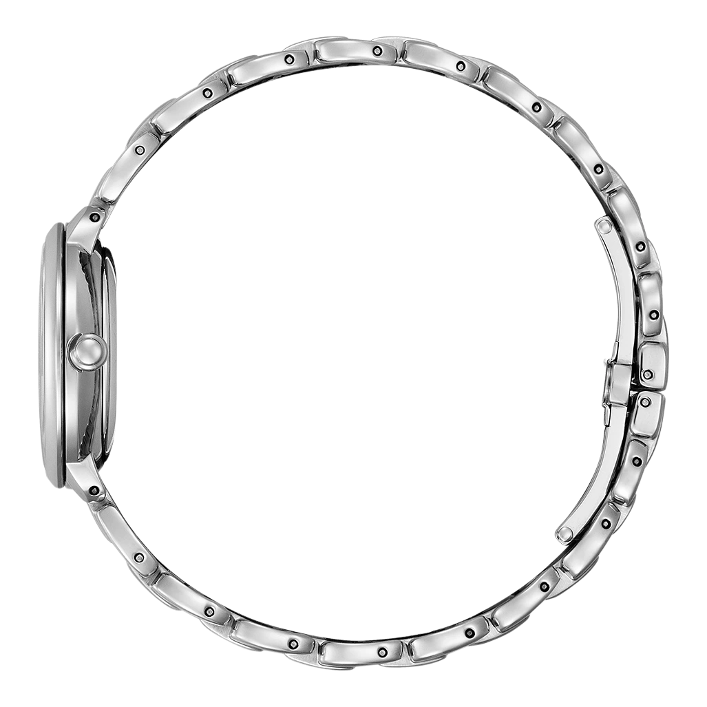 Silver watch with a round face and a metal band, side view.