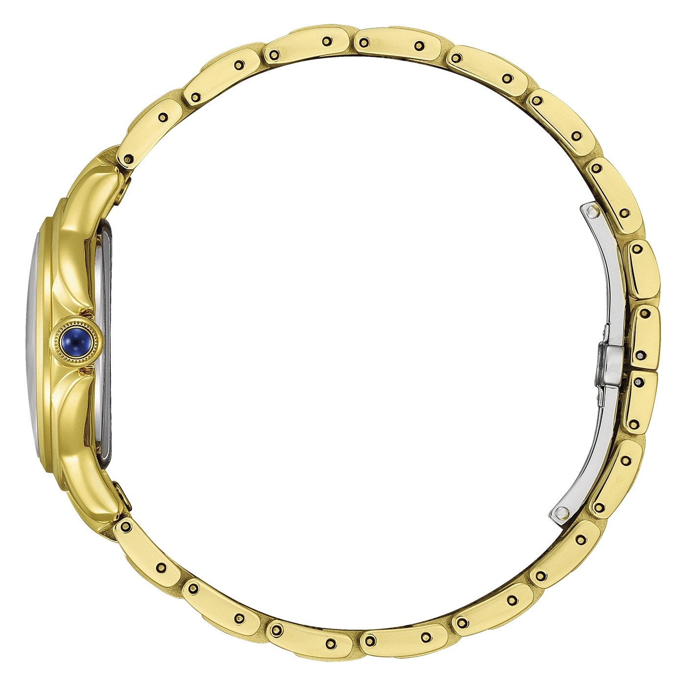 Gold watch with blue gem and open clasp on green background