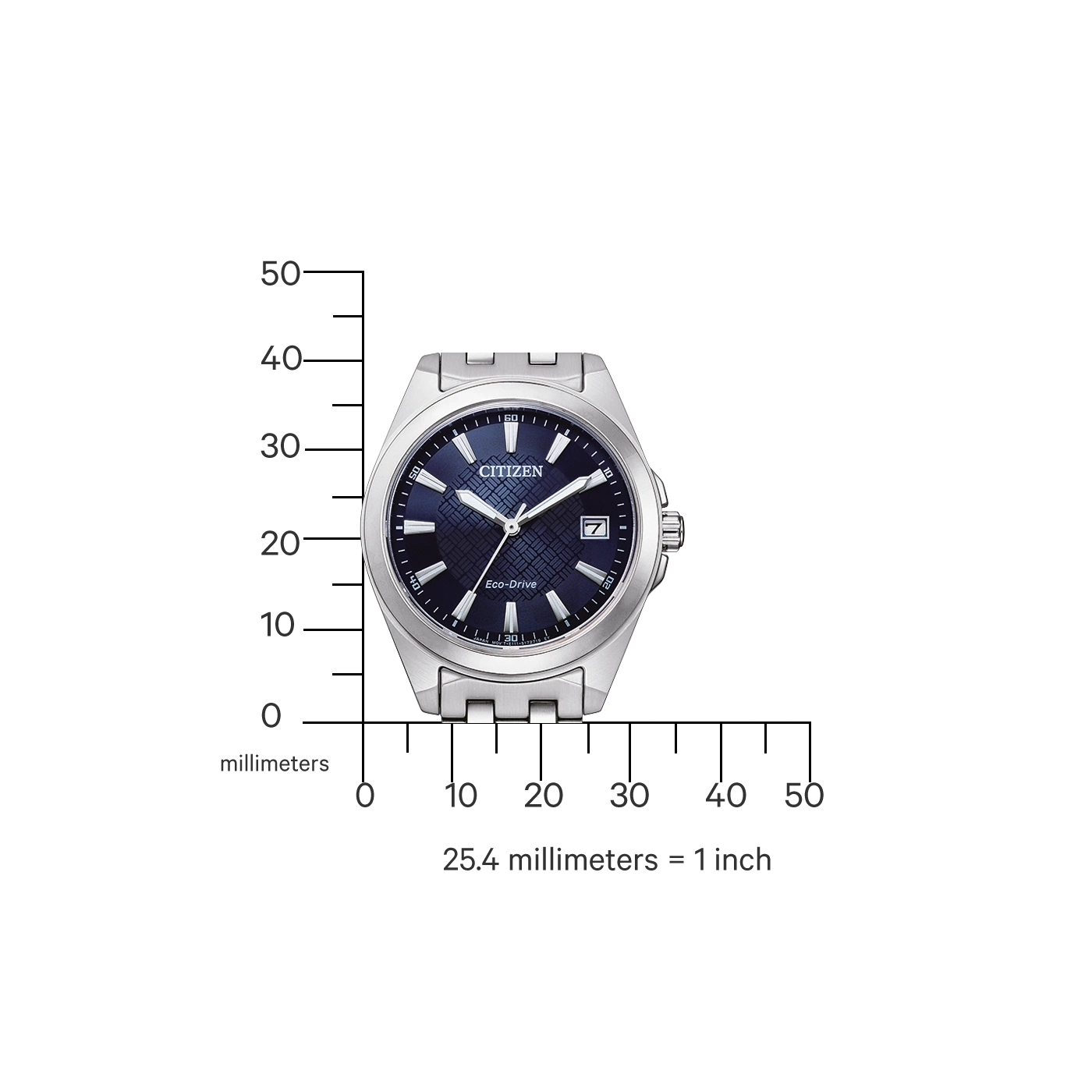 Citizen watch with blue face, silver band, and Eco-Drive technology.
