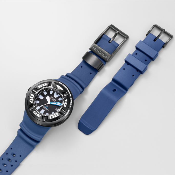 Citizen watch with blue strap, black bezel, and Eco-Drive technology.