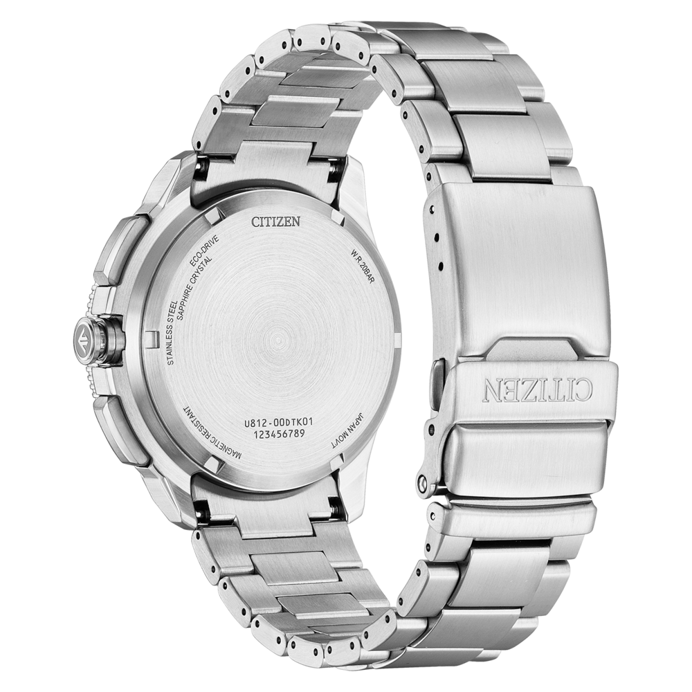 Back view of a brushed stainless steel Citizen Eco-Drive watch.