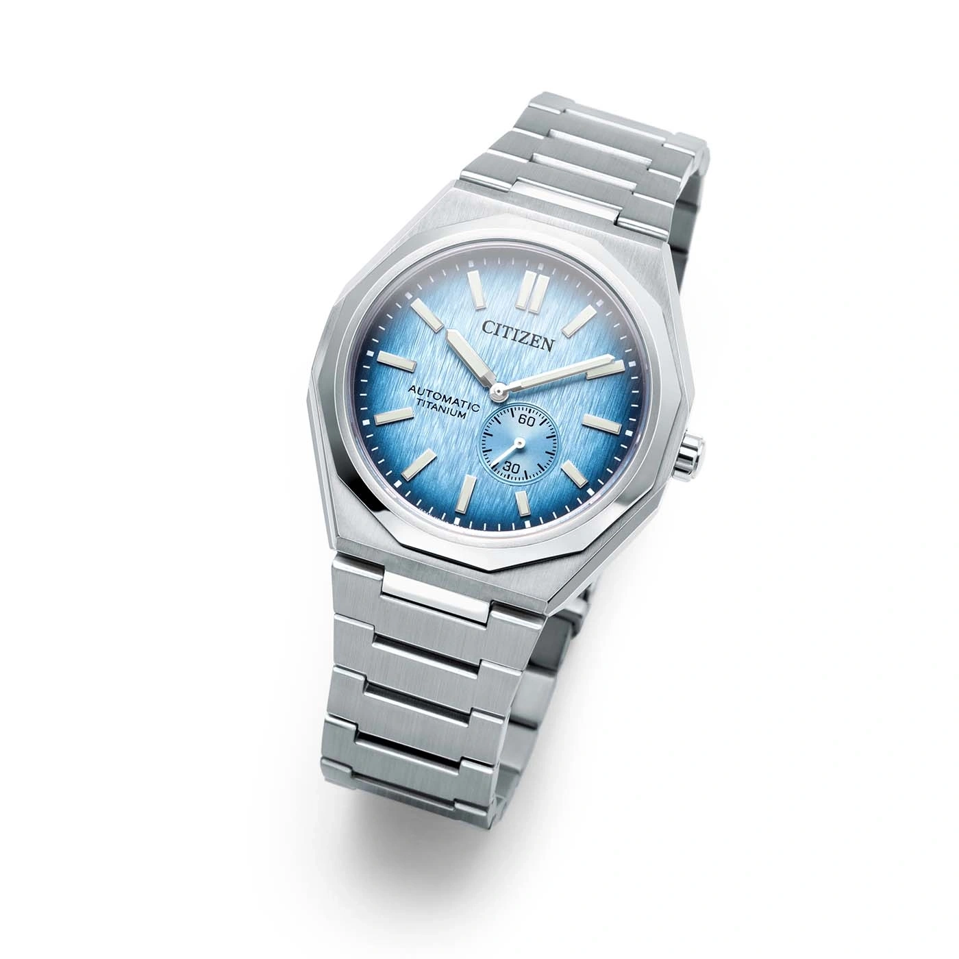 Citizen watch with blue face and titanium strap, automatic movement