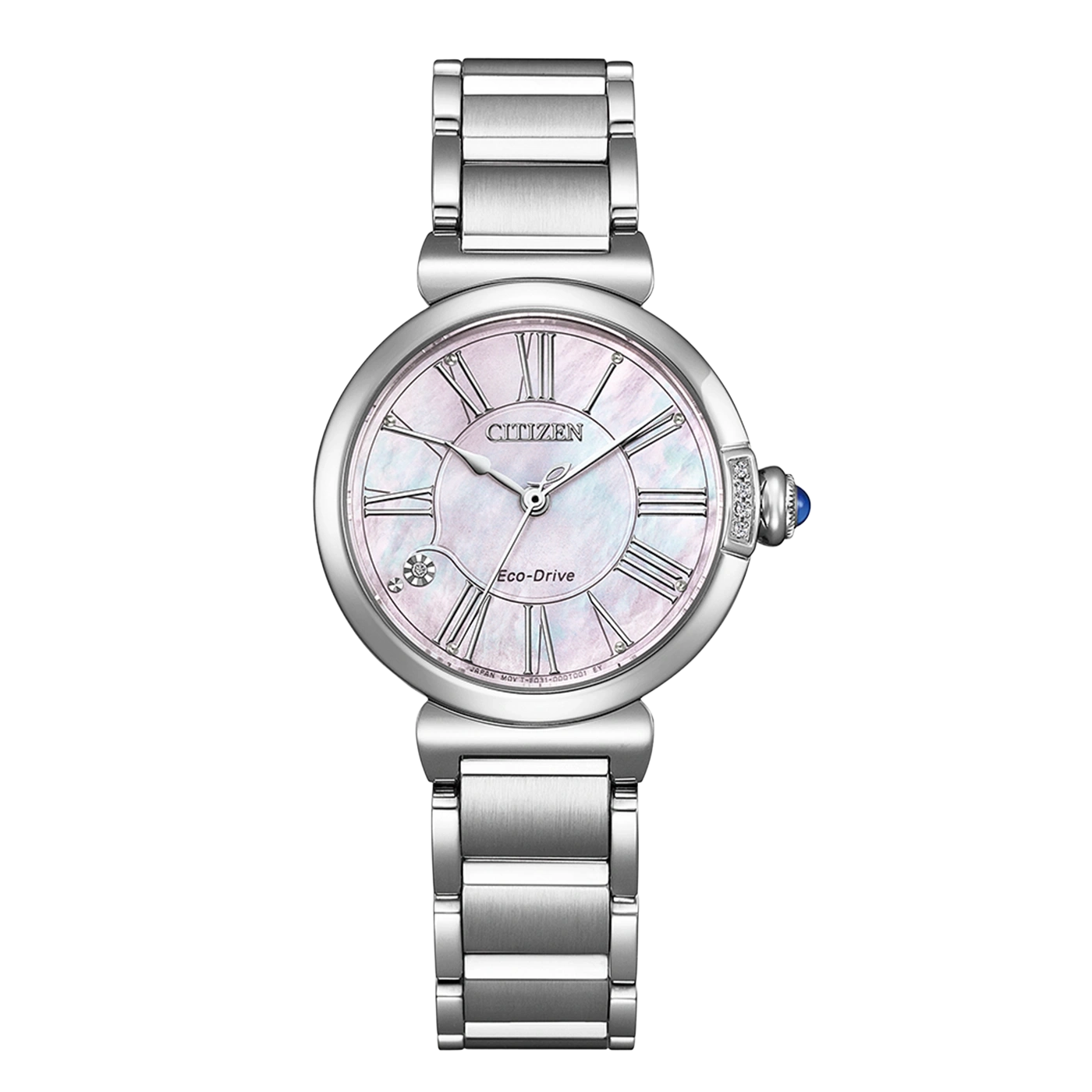 A silver Citizen Eco-Drive watch with a mother-of-pearl dial and Roman numerals.