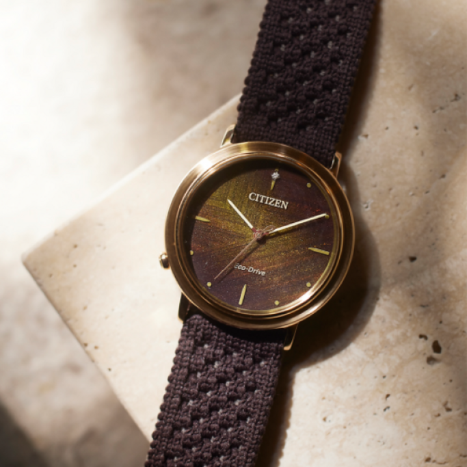 Citizen watch with a brown strap and a golden watch face, Eco-Drive.