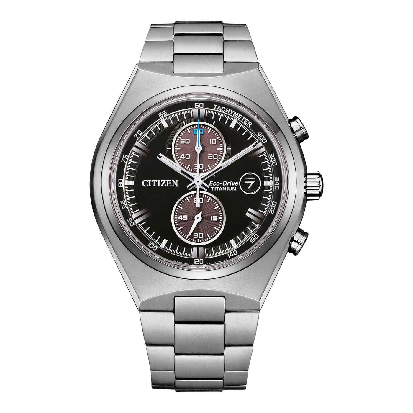 Citizen watch with black dial, chronograph, and titanium bracelet.