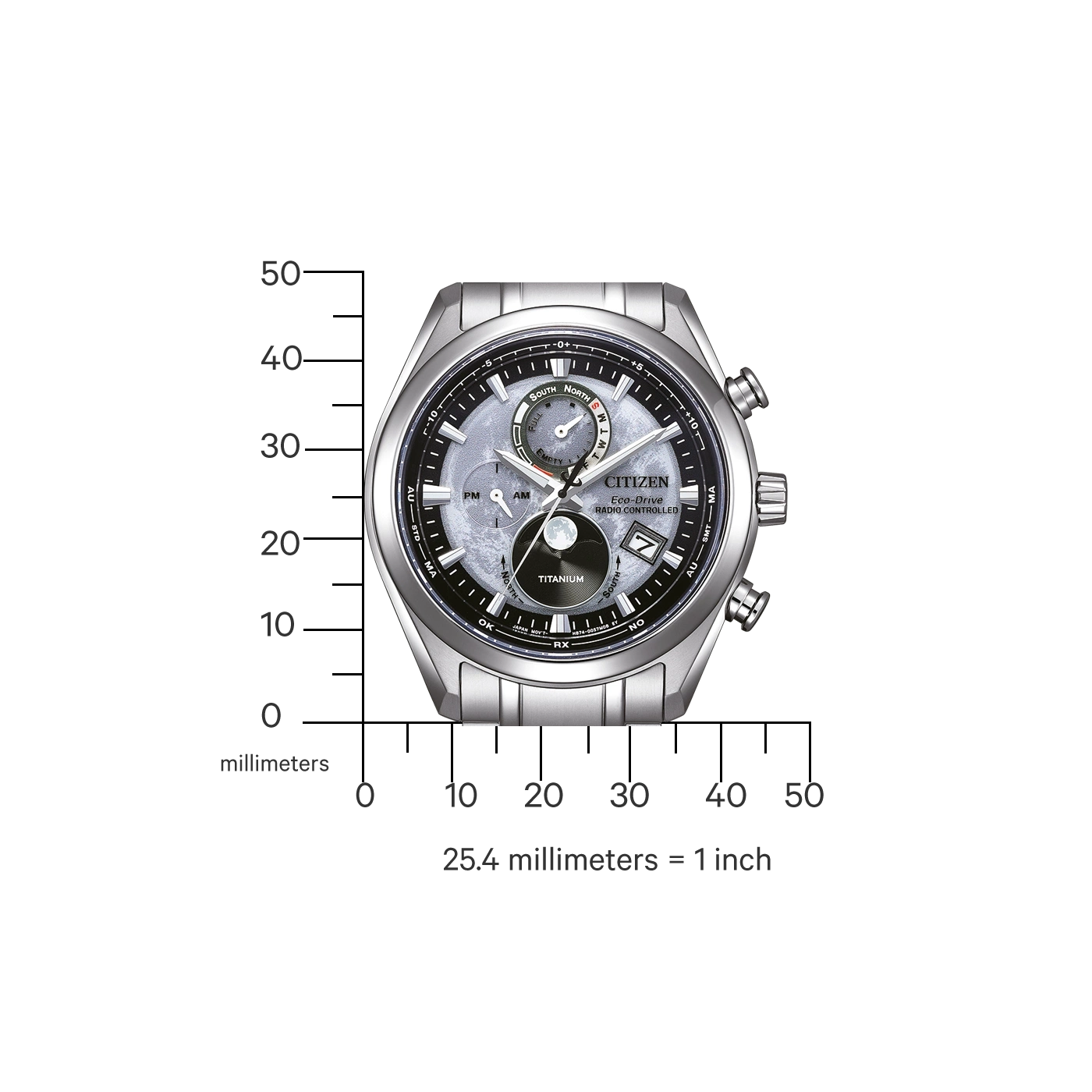 Citizen watch with titanium, radio controlled, and Eco-Drive features.