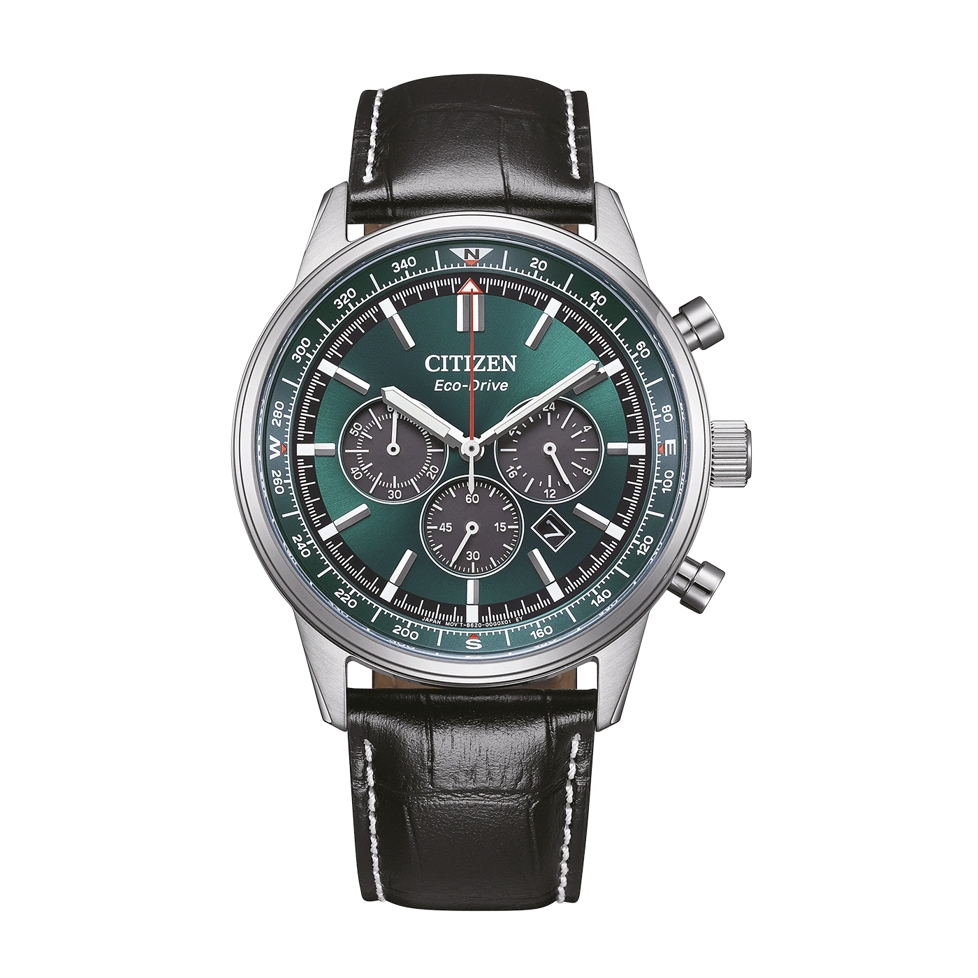 A green Citizen Eco-Drive chronograph watch with a black leather strap.