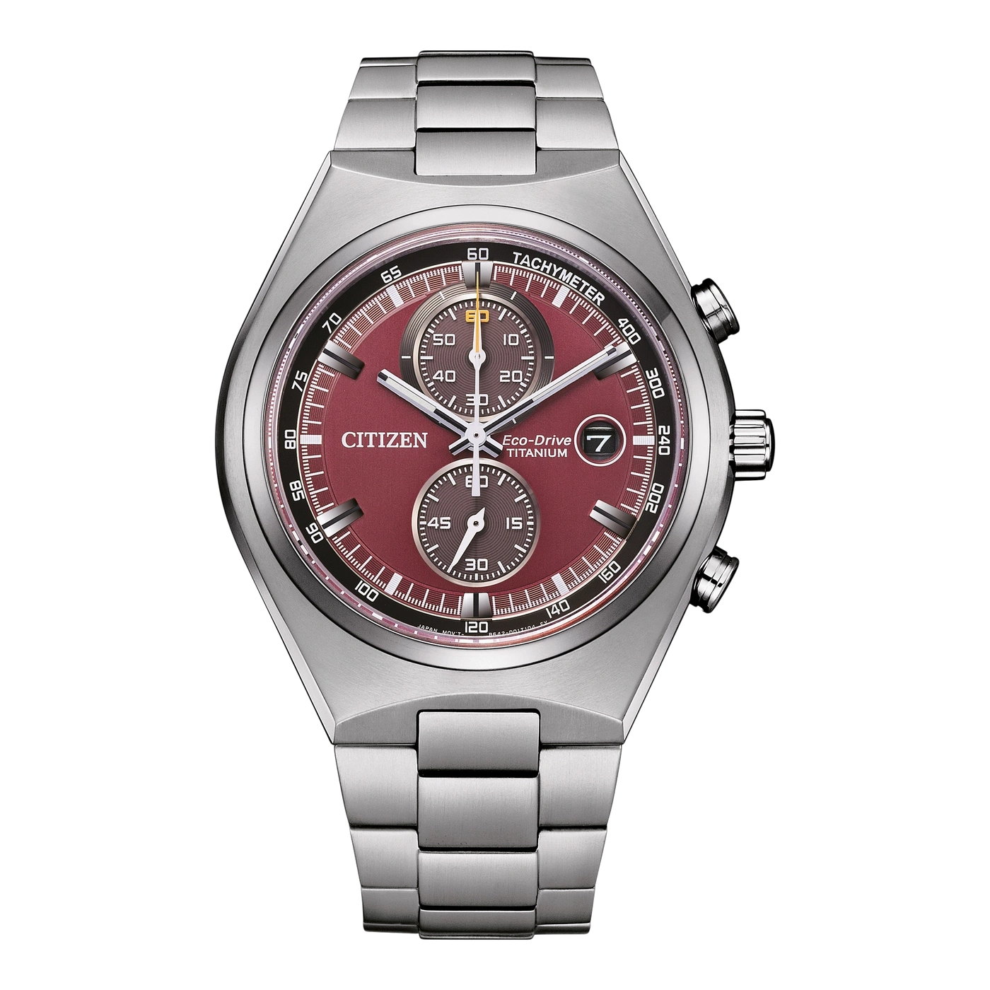 Citizen watch with red dial, tachymeter, Eco-Drive, titanium, and date display.