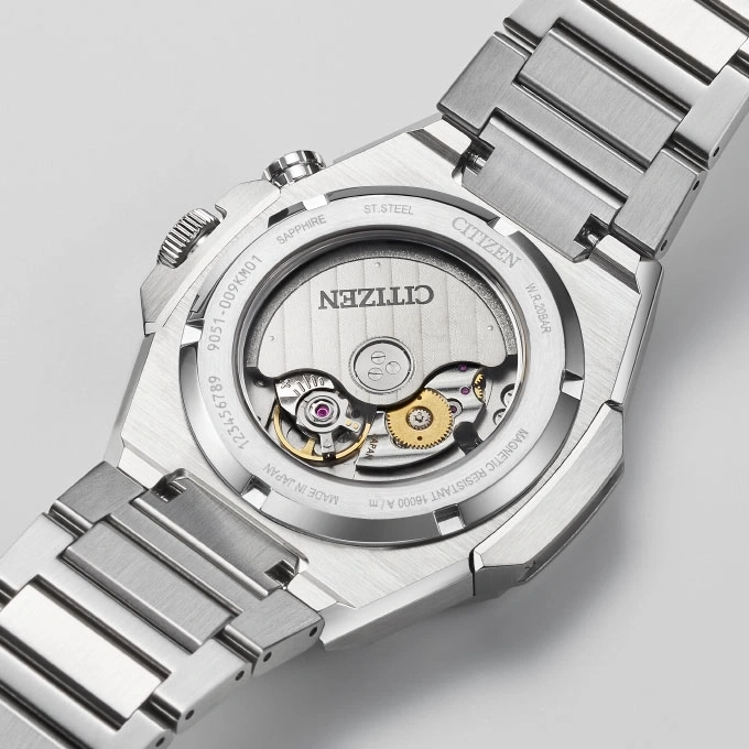 Citizen watch back with visible mechanism, sapphire, stainless steel, and water resistance.