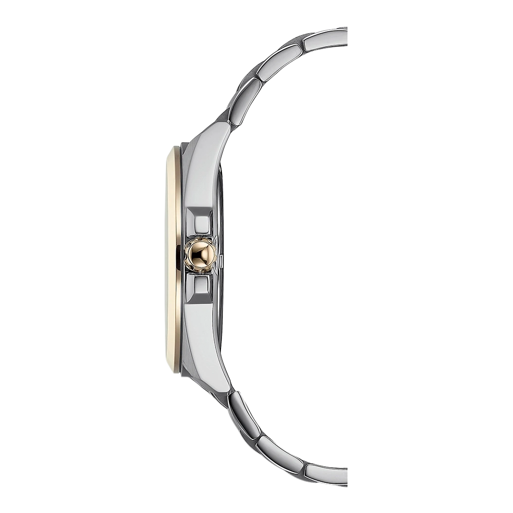 Side view of a silver and gold wristwatch on a white background.