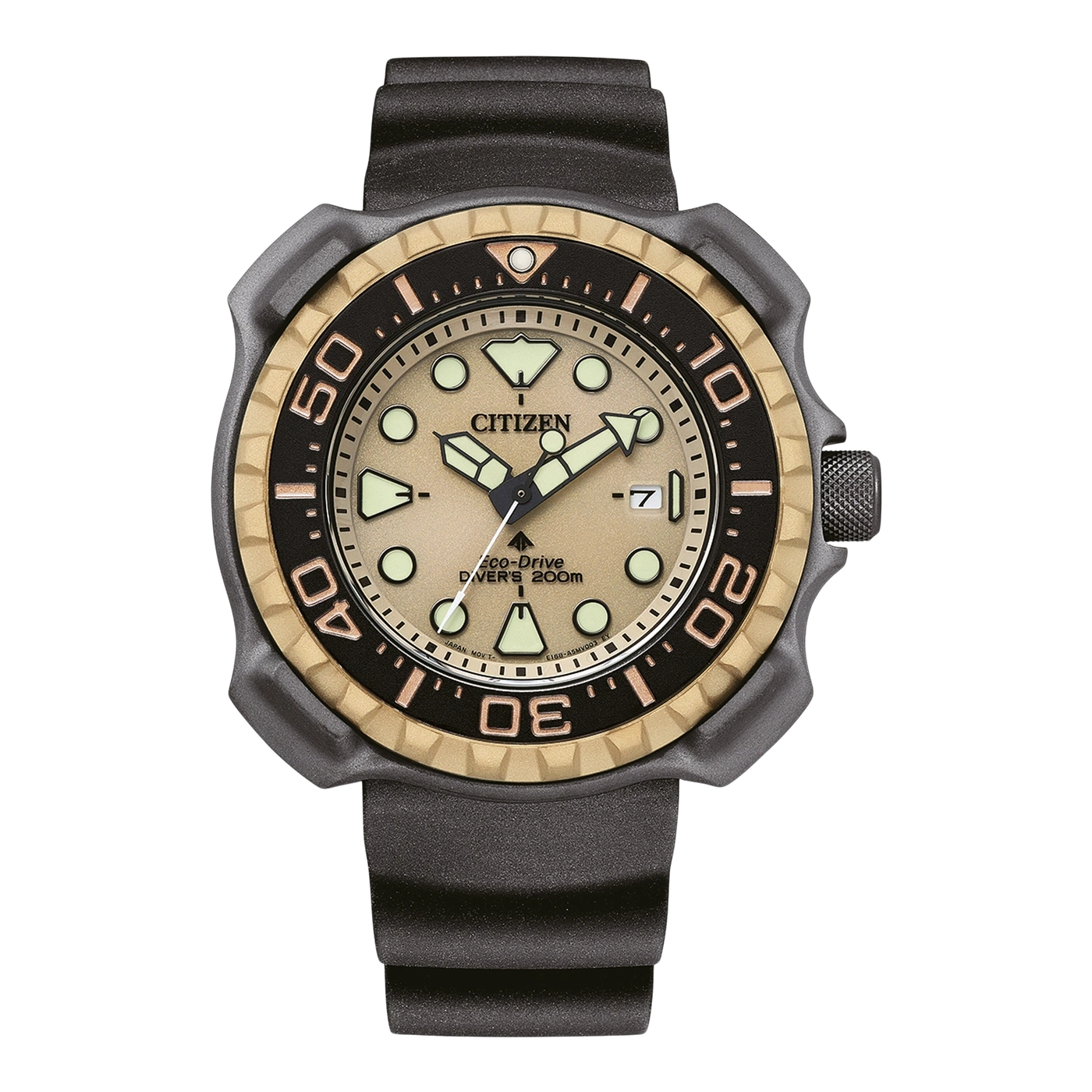 Citizen watch with black strap, gold and black bezel, and beige face.