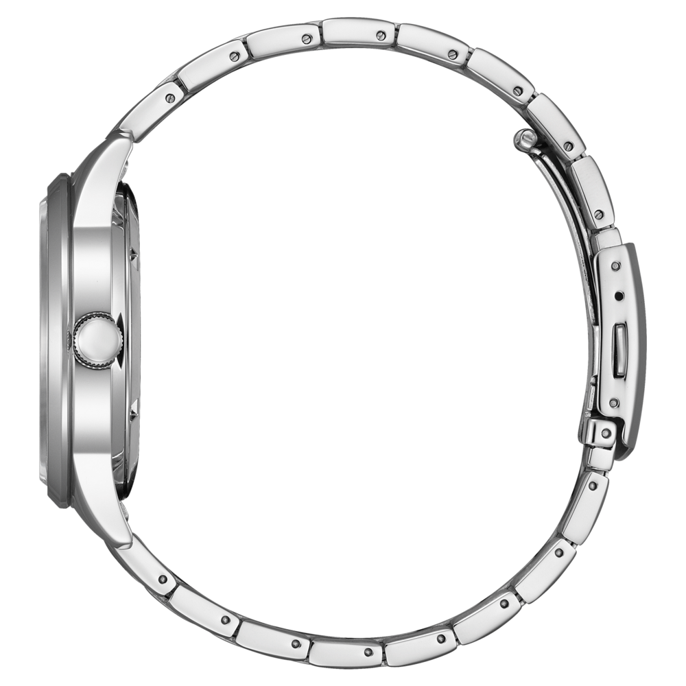 Side view of a silver wristwatch with a metal band, elegant design.