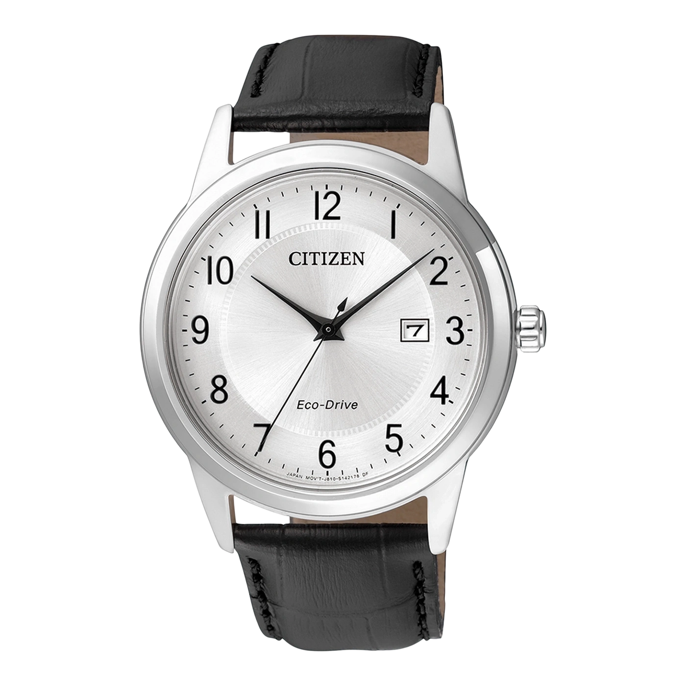 Citizen watch with a silver face, black leather strap, and date display.