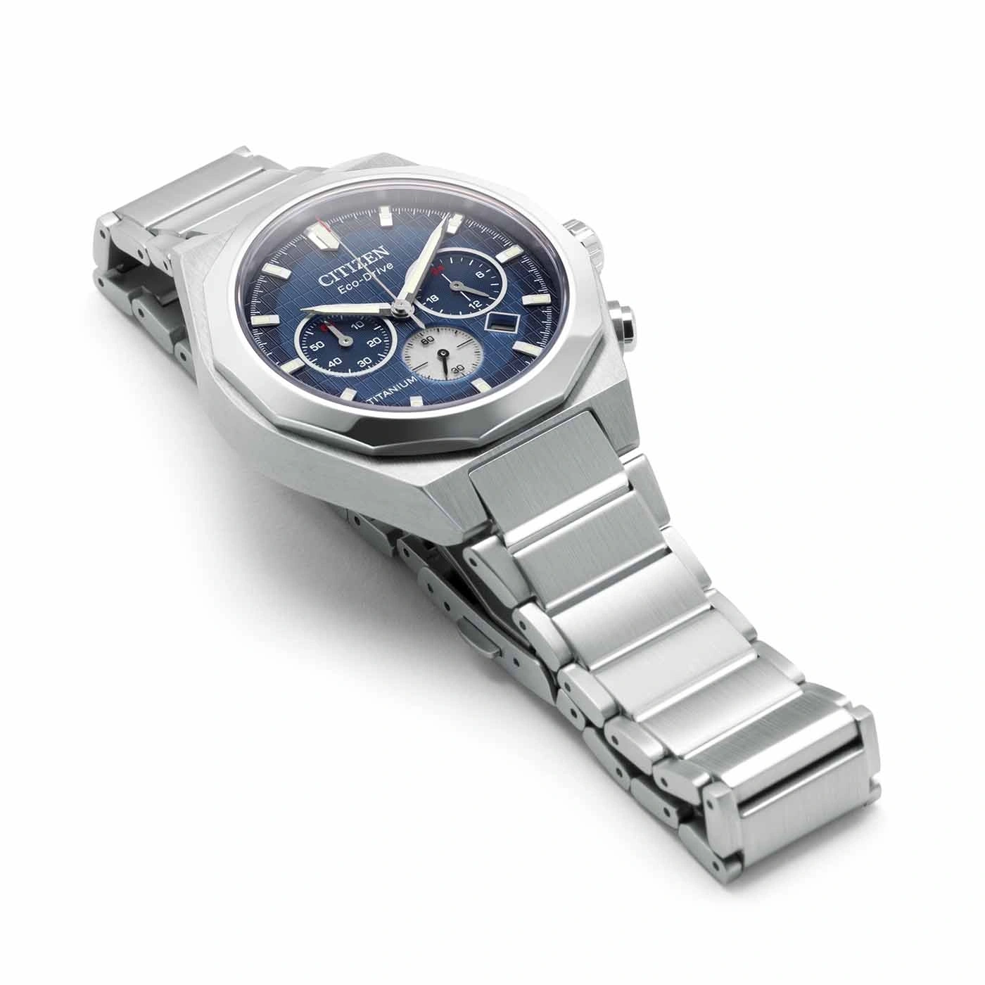 Citizen Eco-Drive titanium watch with blue dial and silver bracelet