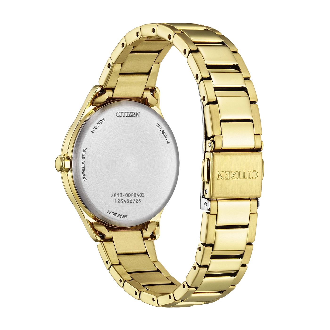 A gold Citizen watch with the case back visible, showing model and serial numbers.