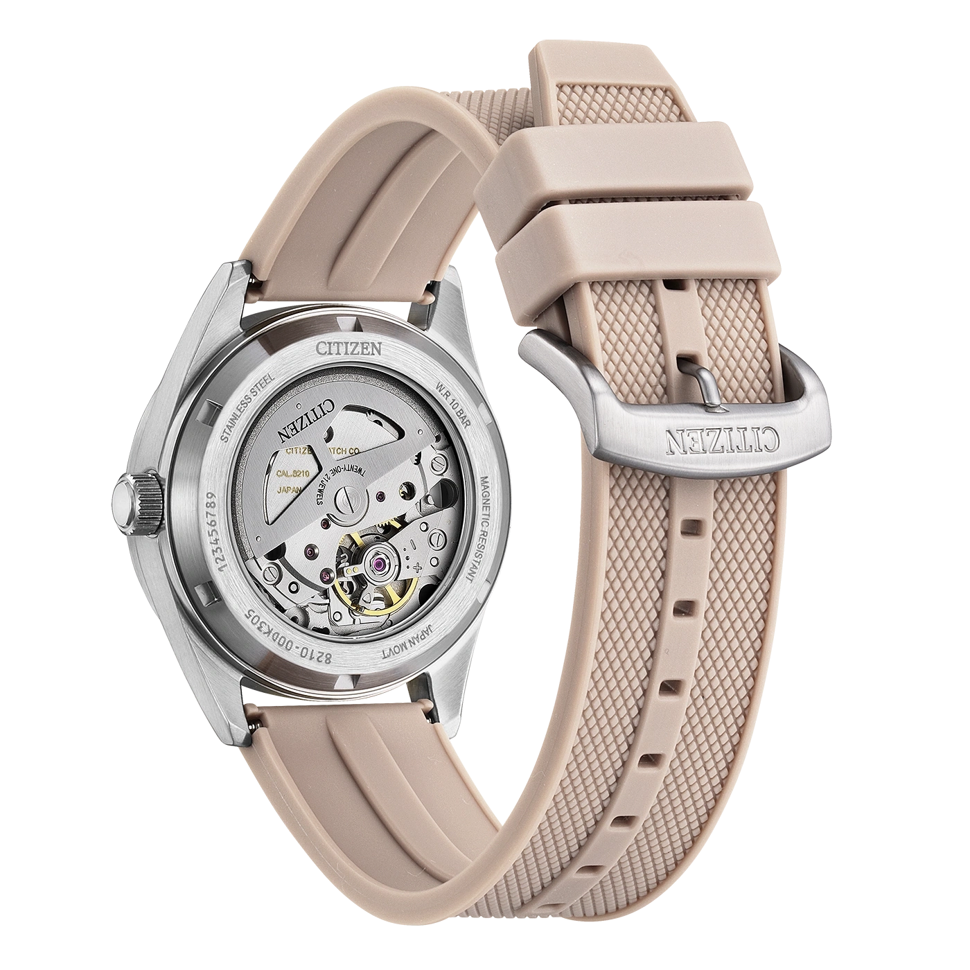 Back view of a Citizen watch with a beige strap and visible movement.