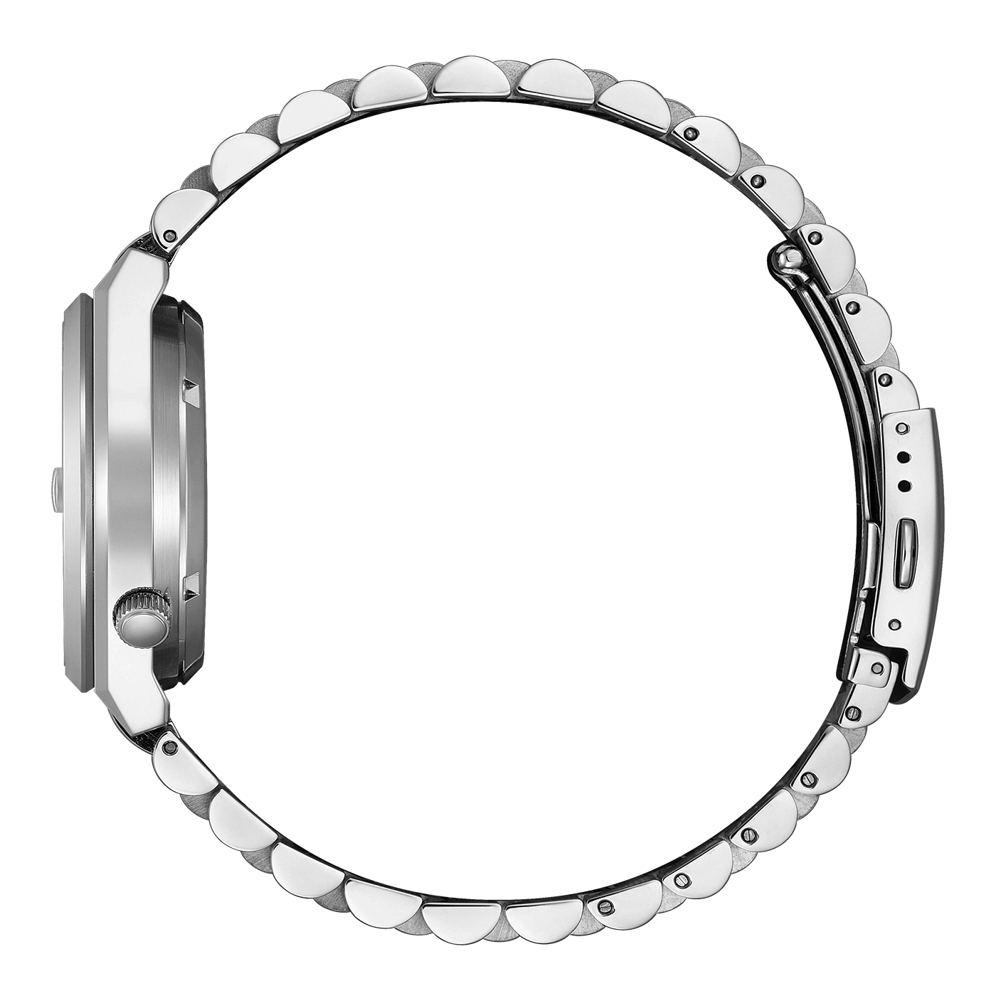 Silver watch with a metal strap, side view, elegant design, shiny