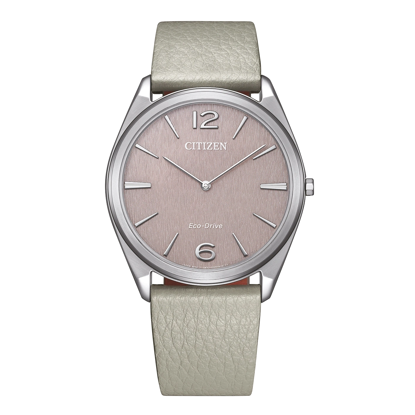 Citizen watch with a light grey leather strap and a pink face.