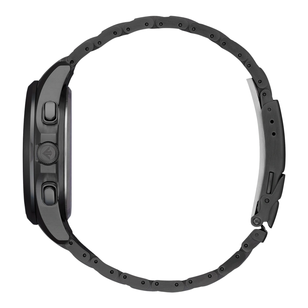 Side view of a black watch with a chain-link band, isolated.