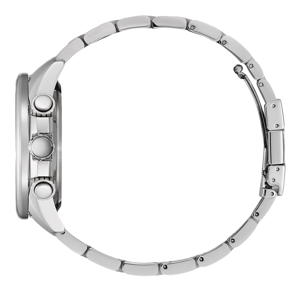 Side view of a silver wristwatch with a metal band and buttons.