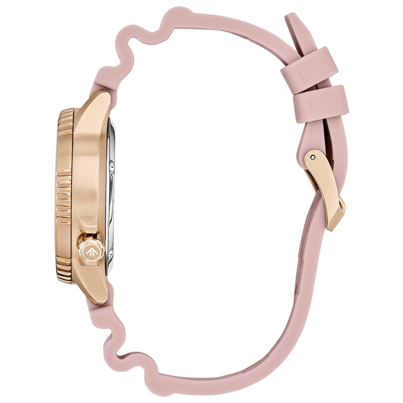 A rose gold watch with a pink wavy band and gold buckle.