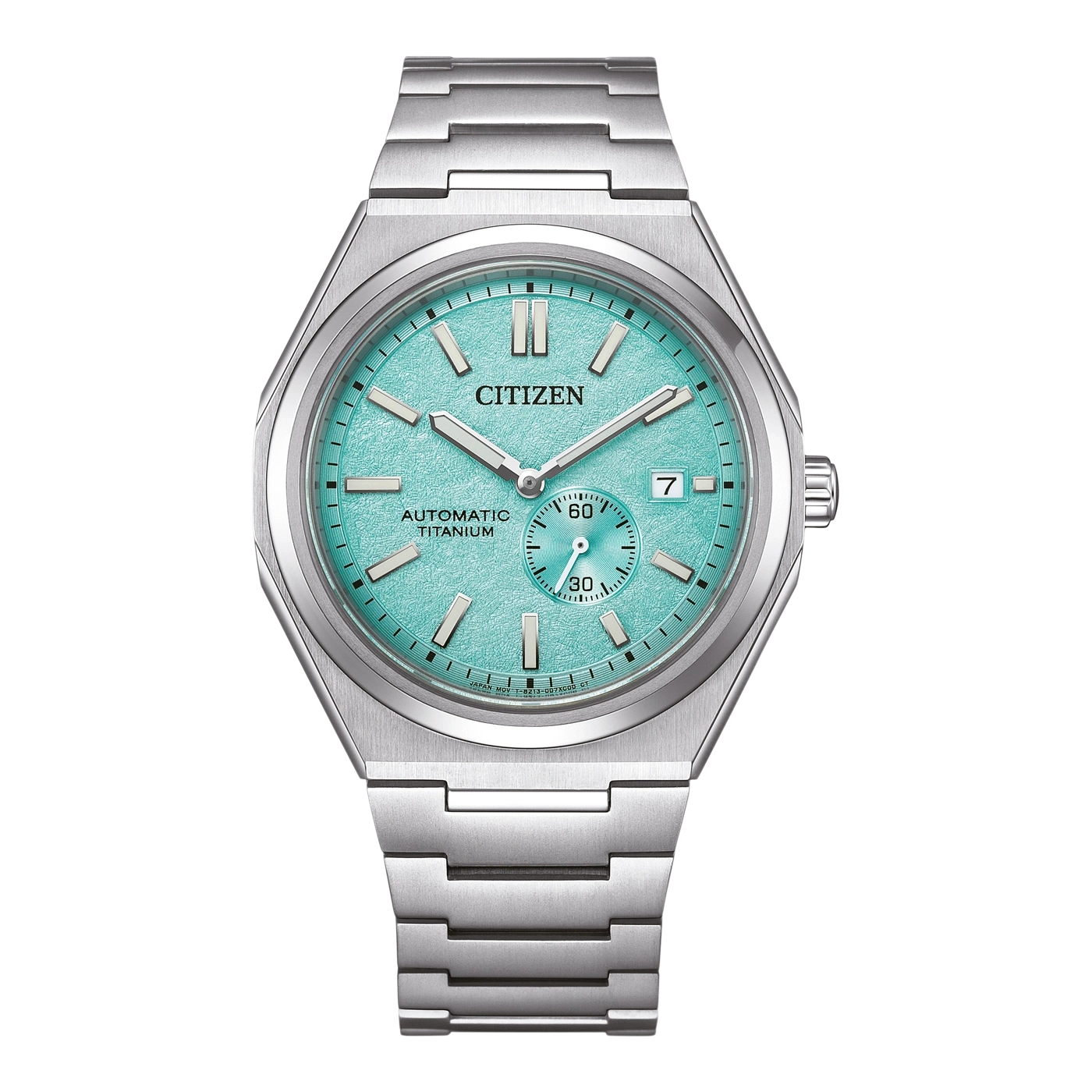 Citizen watch with a turquoise face and titanium bracelet.