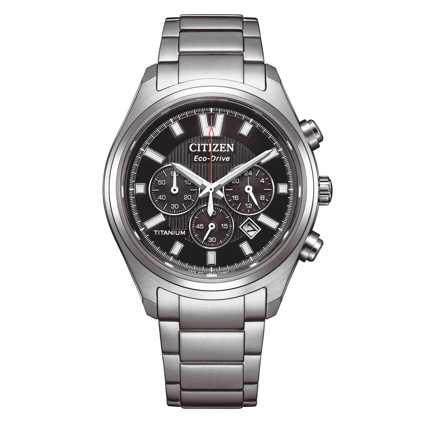 A titanium Citizen Eco-Drive chronograph watch with a black dial.