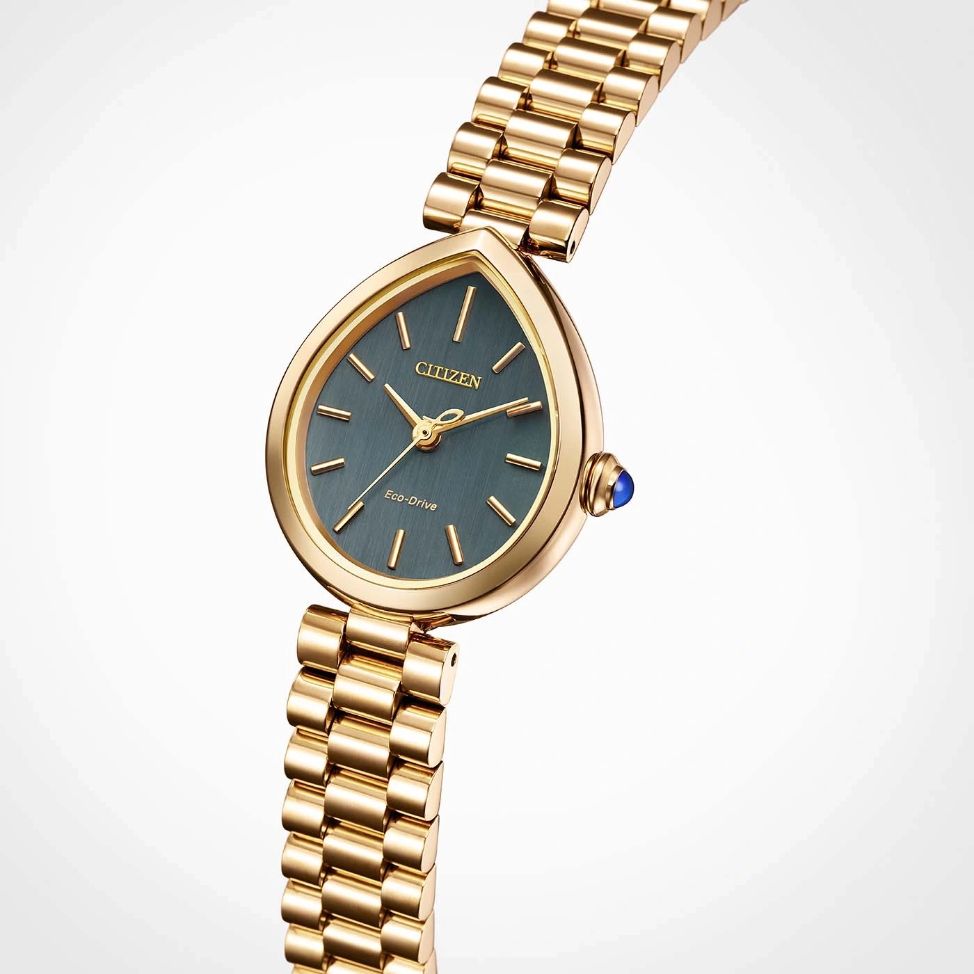 A close-up shot of a gold Citizen Eco-Drive watch