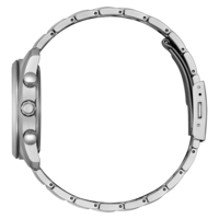 Side view of a silver watch with a metal band and buttons.