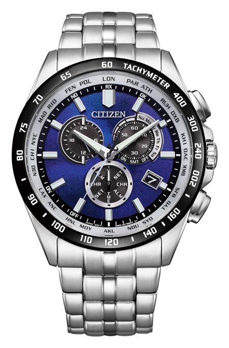 Citizen watch with blue face, tachymeter, and stainless steel band. Chronograph.