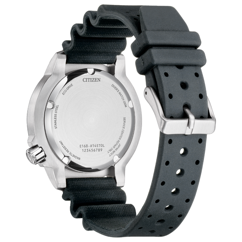 Citizen dive watch with black rubber strap, showing caseback details.