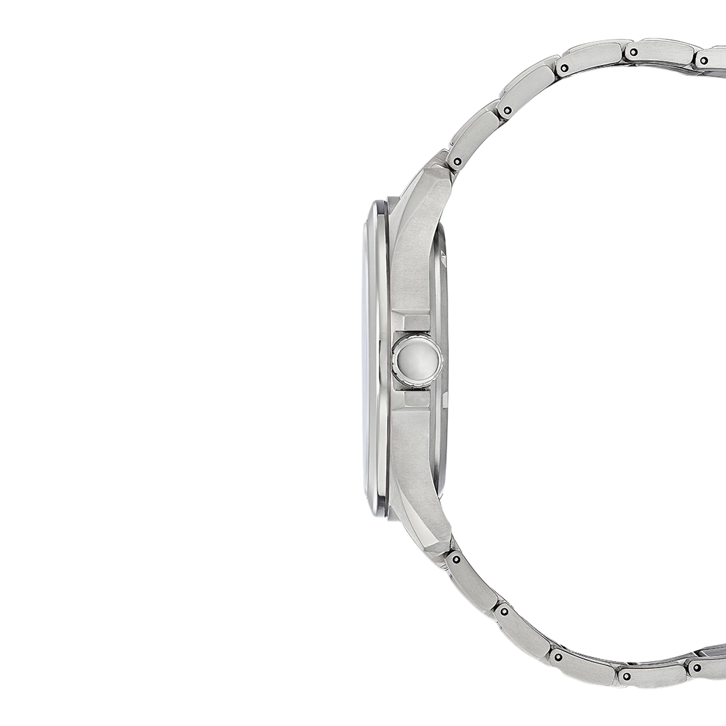 Side view of a silver wristwatch with a metal band on white background.