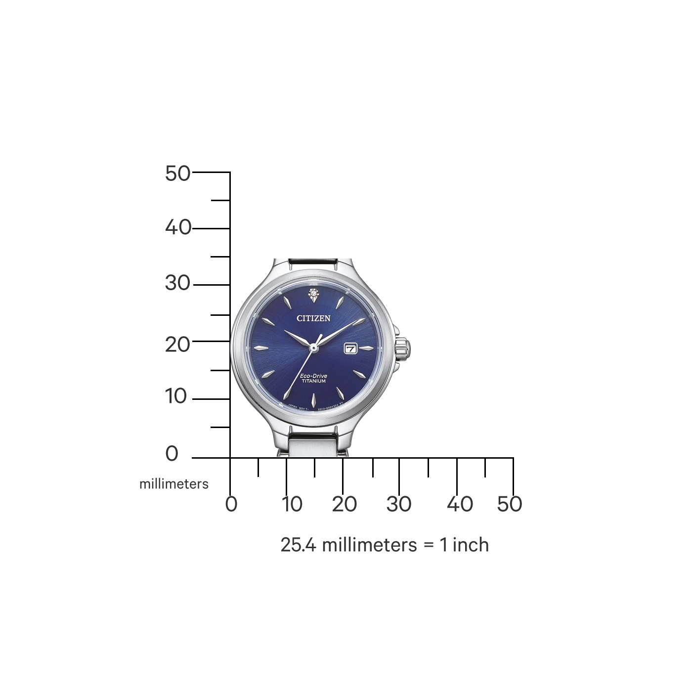 Citizen watch with blue face, titanium, Eco-Drive, and date display.