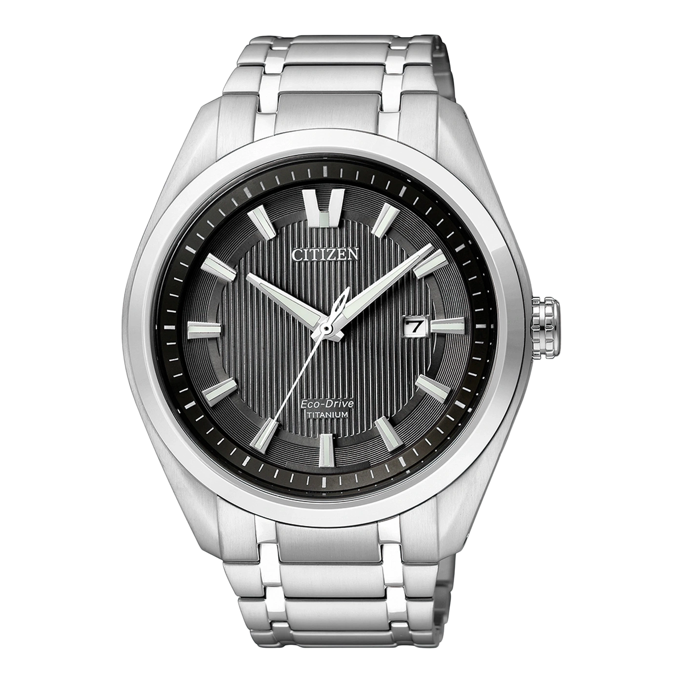 Citizen watch with a black dial and silver bracelet.