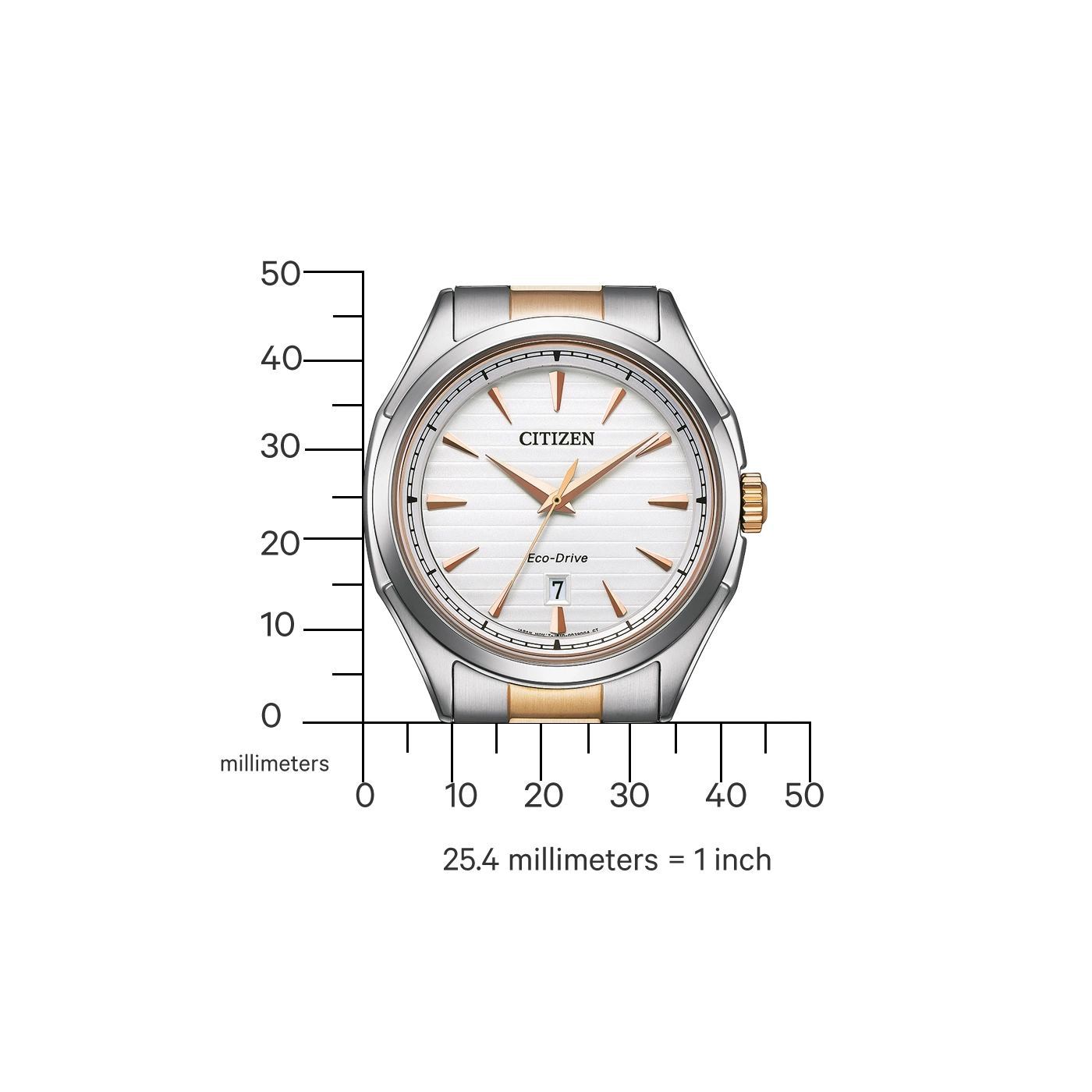 Citizen watch with white face, gold accents, and date display. Eco-Drive technology.