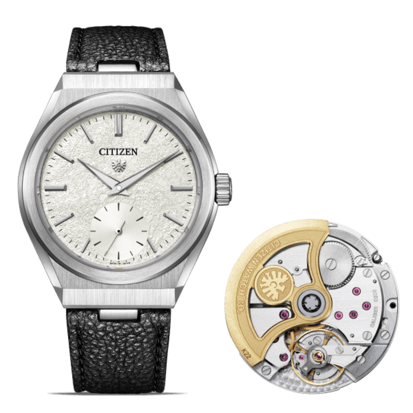 Citizen watch with a textured face and exposed movement.
