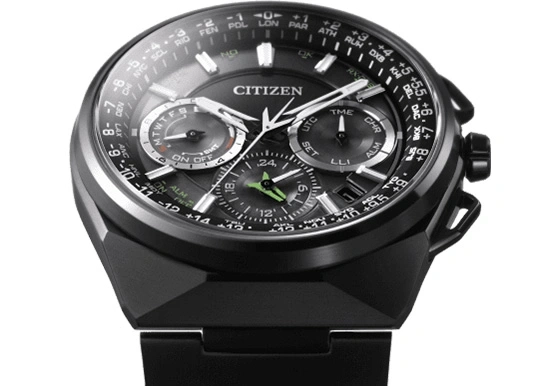 Citizen watch with multiple dials and time zone indicators, black design.