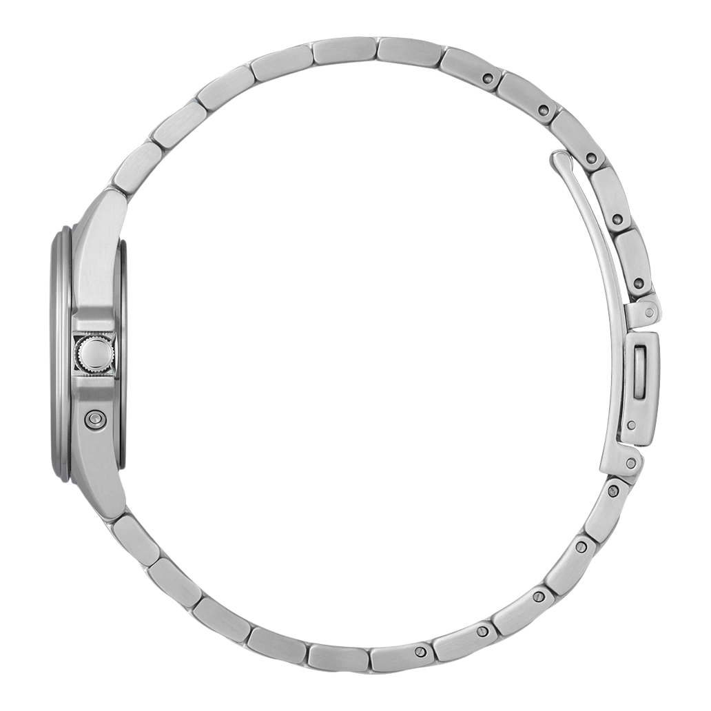 Side view of a silver wristwatch with a metal band, isolated.